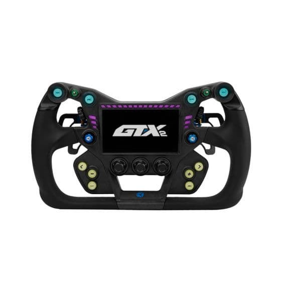 Black Cube Controls GT-X2 sim racing steering wheel with 300mm diameter, featuring black paddles, colorful buttons, and a central display for enhanced racing control.