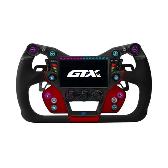 Cube Controls GT-X2 sim racing steering wheel featuring a 300mm diameter, red body, blue paddles, and multiple colorful buttons and dials for enhanced control.