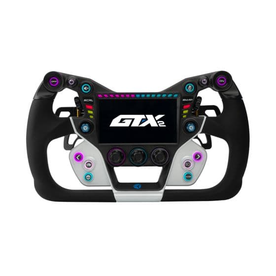 Cube Controls GT-X2 sim racing steering wheel featuring a white and black design, 300mm diameter, with colorful buttons, dials, and black paddles for enhanced control.