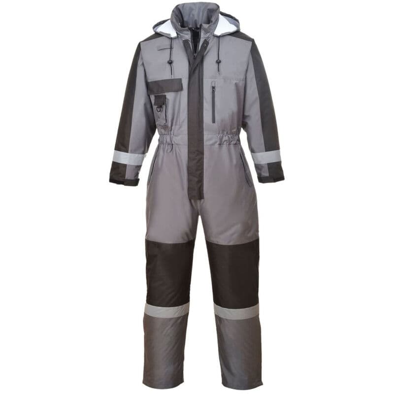 Grey waterproof winter coverall with a hood, zip front, multiple pockets, and reflective strips, designed for durability and warmth, available in size 2XL.