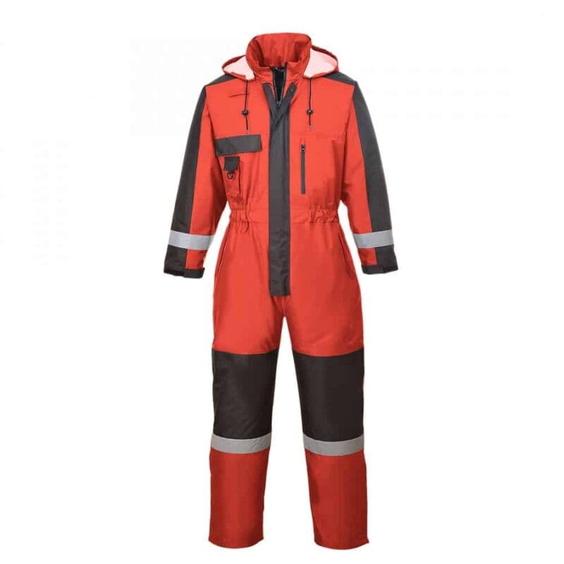 Red waterproof winter coverall in size 2XL, featuring a zip front, adjustable hood, reflective stripes, and dark grey accents on the shoulders and legs.