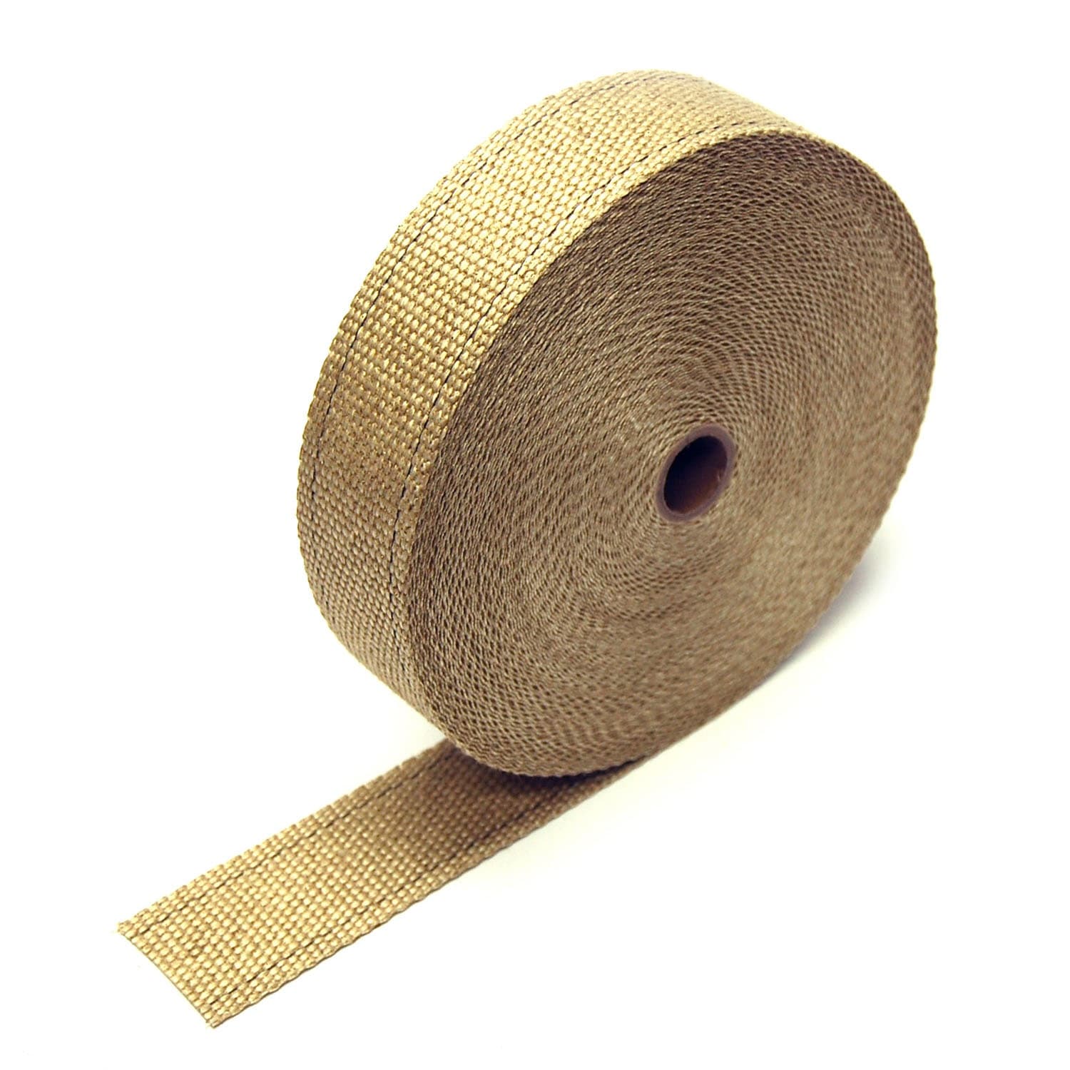 Tan exhaust wrap roll measuring 2 inches wide and 100 feet long, made of durable material with a textured finish, designed to insulate and protect exhaust components.