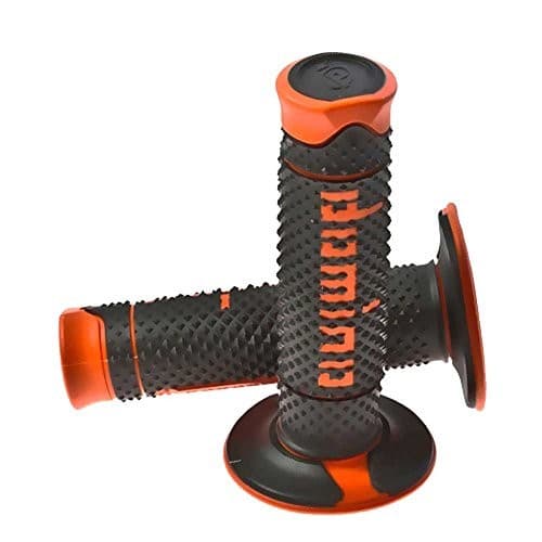 Black rubber grips with full diamond texture, featuring orange accents and logos, designed for off-road use with dual compound material for enhanced durability and comfort.