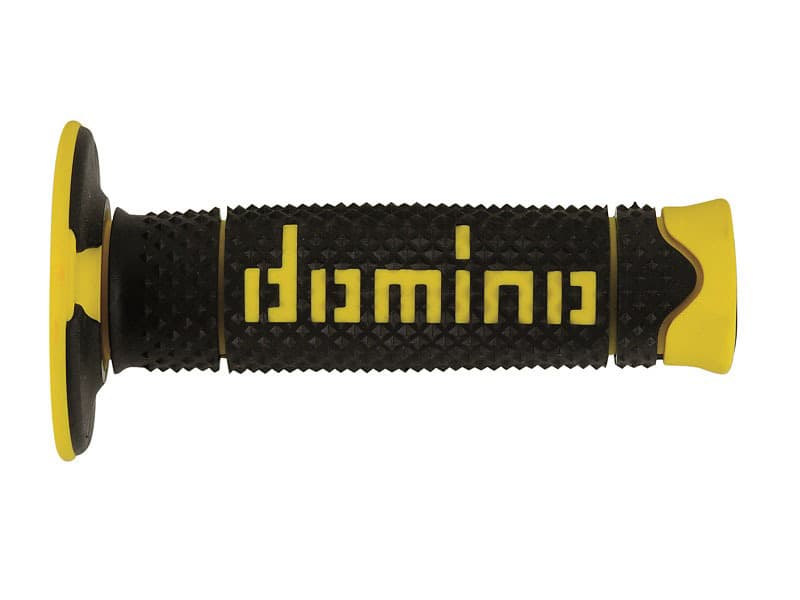 Black rubber grip with full diamond texture, featuring a prominent yellow "Domino" logo and yellow accents on the ends for enhanced grip and control in off-road conditions.