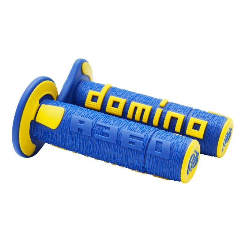 Blue and yellow rubber handle grips with textured surface and "domino A360" embossed, designed for enhanced grip and comfort.