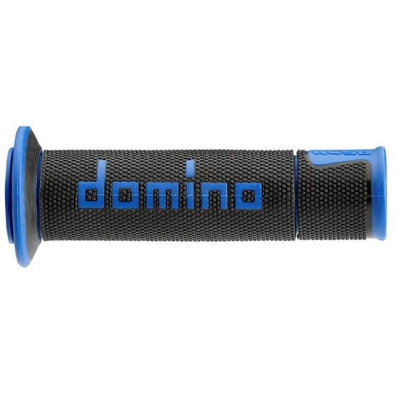 Red rubber grips with full diamond texture, featuring blue accents and the "Domino" logo prominently displayed on the side, designed for street racing.