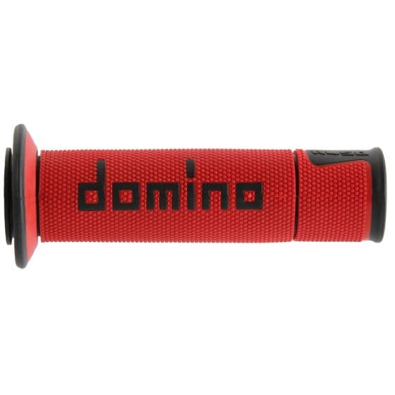 Red rubber handle grip with textured surface and black "domino" branding, featuring end caps for secure attachment.