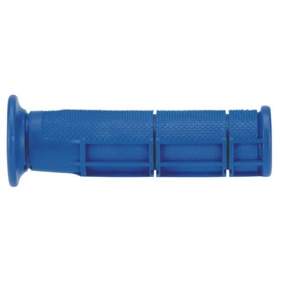 Blue rubber handlebar grip by Domino, featuring textured surfaces for enhanced grip and comfort, designed for ATV use with a sturdy, durable construction.