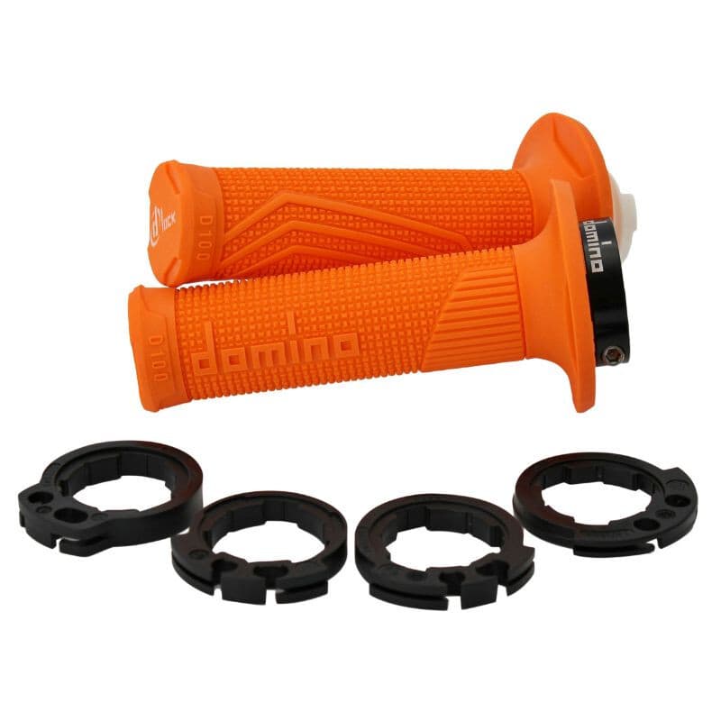 Bright orange rubber grips with textured surface and ergonomic shape, accompanied by three black locking rings for secure attachment.