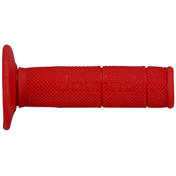 Red closed-ended motorcycle grips by Domino, featuring a textured surface for enhanced grip and comfort, with the brand name embossed on the side.