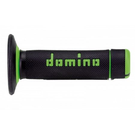 Black and green rubber handlebar grips featuring a textured surface for improved grip, with "domino" logo prominently displayed in green on the side.