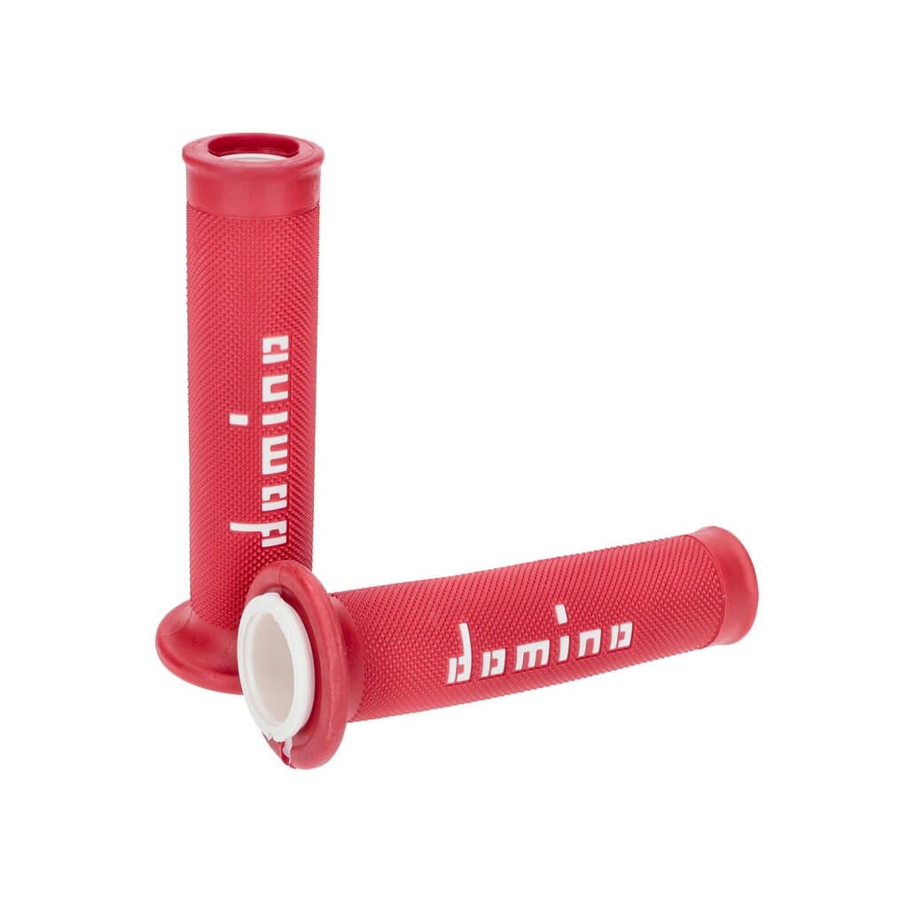 Red and white rubber motorcycle grips featuring a textured surface for enhanced grip, with "Domino" branding prominently displayed.