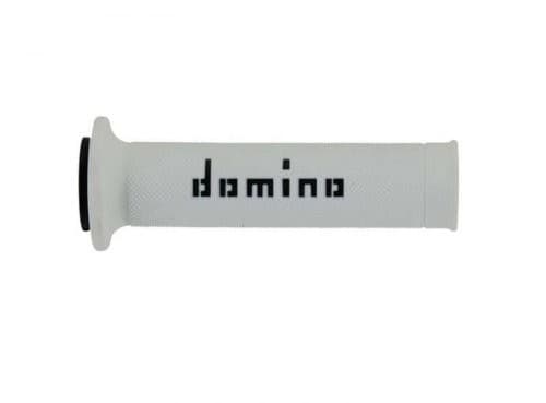 White rubber grip with a smooth texture, featuring a black "domino" logo and no waffle pattern, designed for enhanced comfort and control.