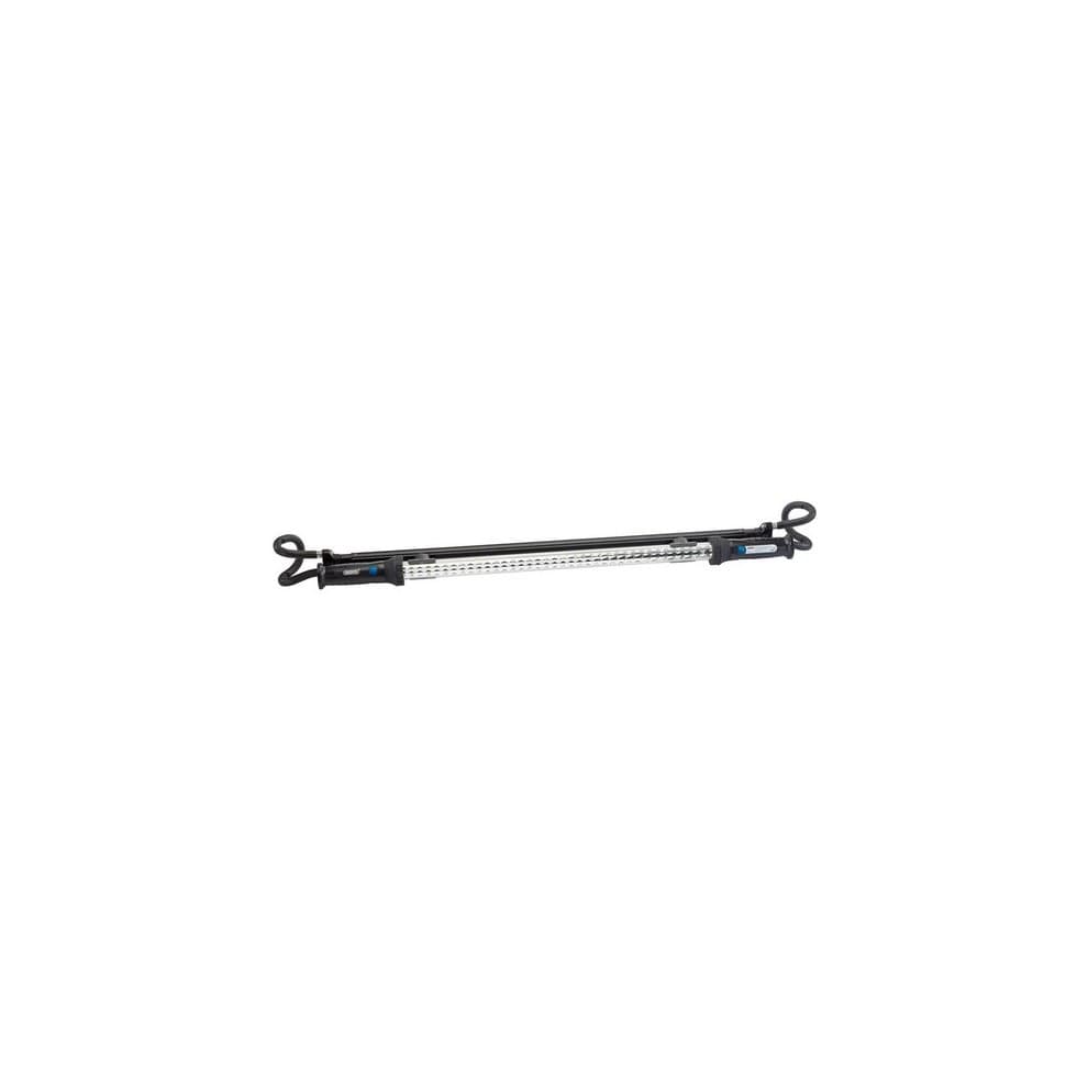 Draper 51328 rechargeable magnetic inspection lamp features a slim design with a silver body, blue accents, and two hooks for hanging, ideal for illuminating tight spaces.