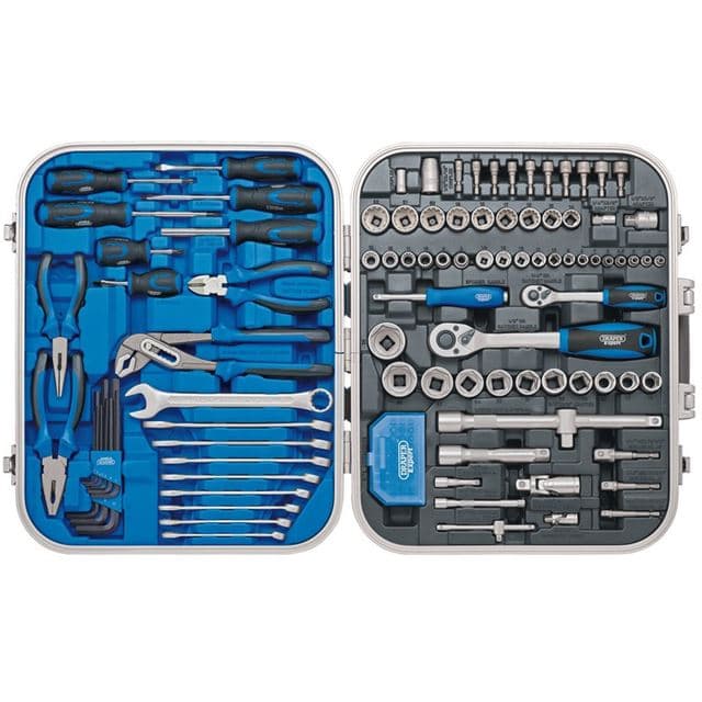 A blue and silver metal tool kit containing 127 pieces, including various screwdrivers, wrenches, pliers, and sockets, neatly organized in a compact case.