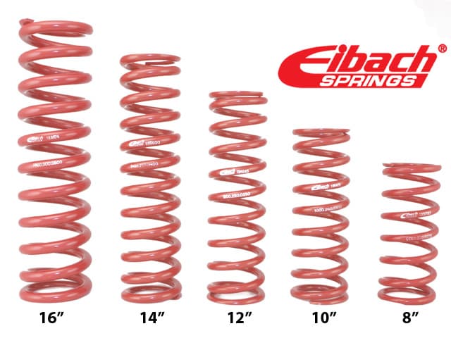 Red coil springs in various lengths (16", 14", 12", 10", 8") with a 2.25" internal diameter and a 500 lbs/in rating, featuring Eibach branding on each spring.