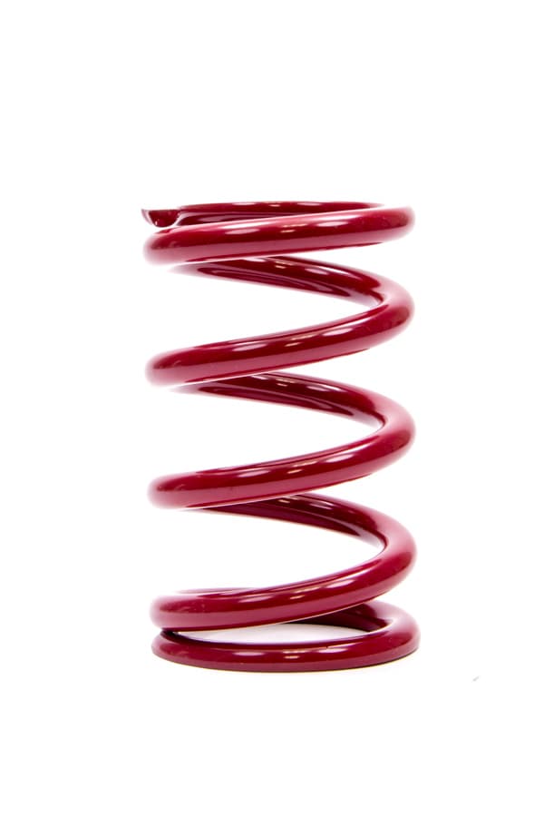 Red coil over spring with a 2.25-inch inner diameter and 5-inch height, featuring a smooth, glossy finish and tightly wound spiral design.