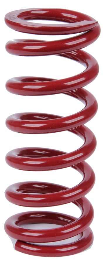 Red coil over spring by Eibach, measuring 2.25 inches in diameter and 8 inches in height, featuring a smooth, glossy finish with evenly spaced coils.