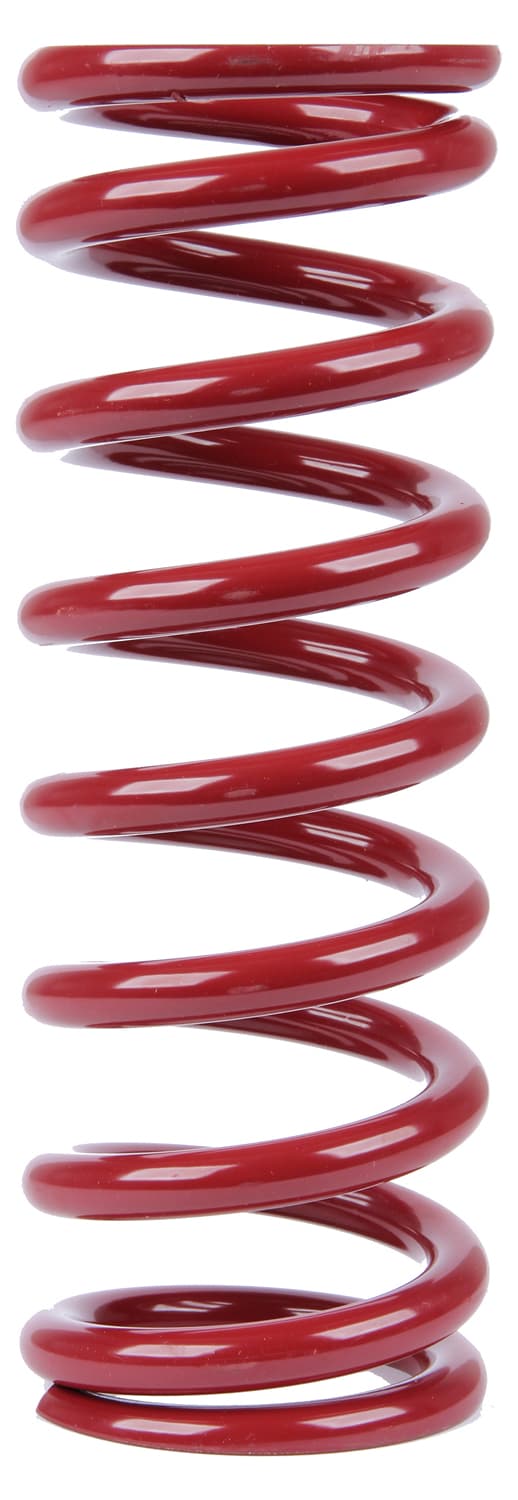 Red coilover spring with a 2.5-inch inner diameter and 10-inch height, featuring tightly wound coils and a weight rating of 550 lbs/in, made of durable metal.