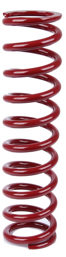 Red coilover spring with a 2.5-inch inner diameter and a length of 14 inches, featuring tightly wound coils and a smooth, glossy finish.