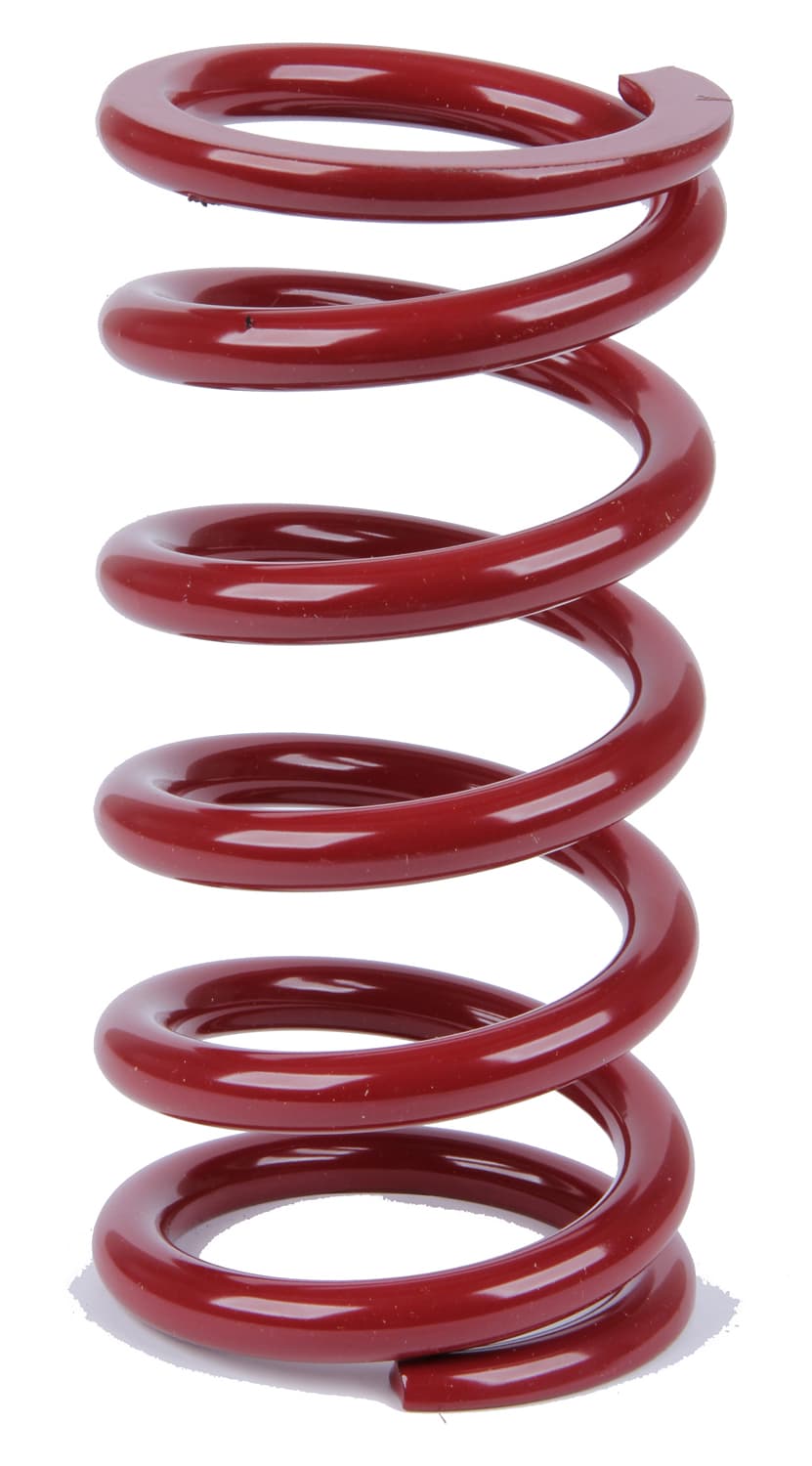 Red coil over spring with a 2.5-inch inner diameter and 7-inch height, featuring smooth, tightly wound coils and a glossy finish.