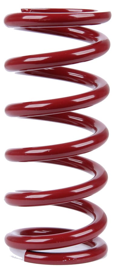 Red coil-over spring with a glossy finish, featuring eight tightly wound coils and a 2.5-inch inner diameter, designed to support up to 550 lbs.