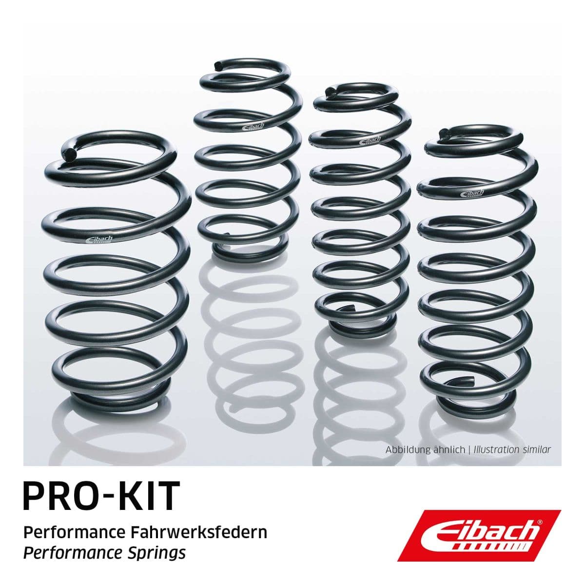 Black coil springs from the Eibach Pro-Kit suspension kit, showcasing a sleek design with varying sizes, labeled for performance enhancement.