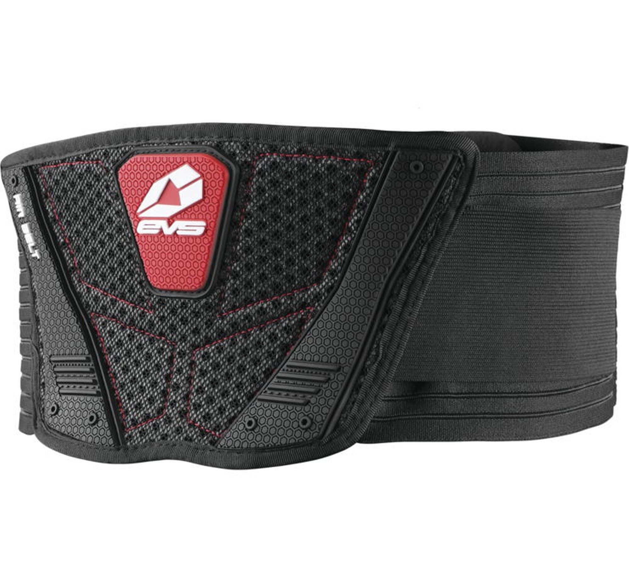 Black EVS Air Kidney Belt in medium size features a textured, padded front with a red EVS logo, adjustable straps, and a breathable design for comfort and support.