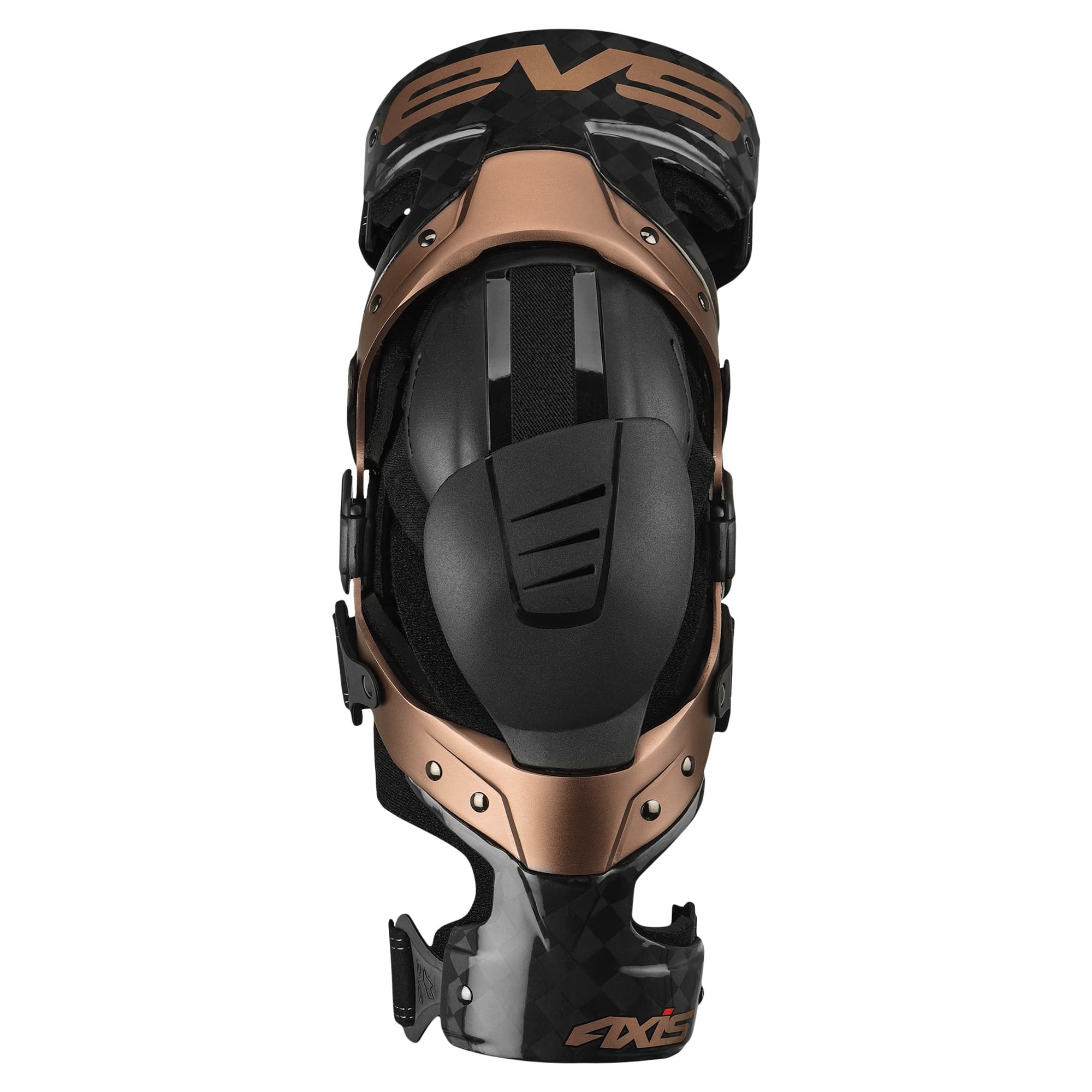 Black and copper knee guard with a sleek design, featuring adjustable straps, a hard outer shell, and padded interior for protection, labeled "EVS Axis Pro," size small.