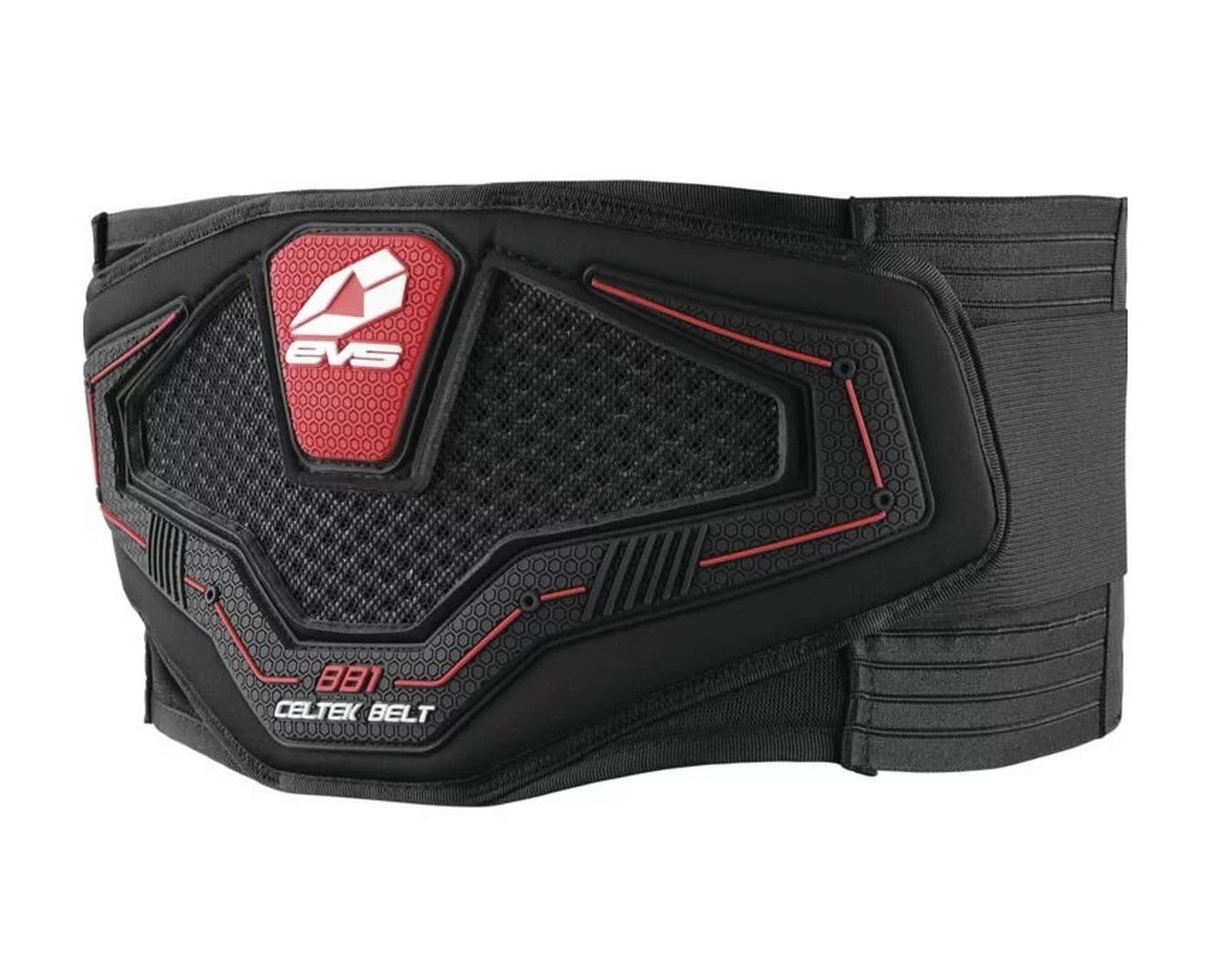 Black EVS BB1 Celtek kidney belt in size M, featuring a textured surface, red accents, and adjustable straps for support and comfort.