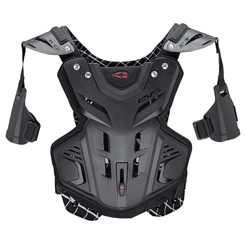 Black EVS F2 Roost Deflector in medium size, featuring a durable plastic shell, adjustable straps, and ventilation slots for breathability.