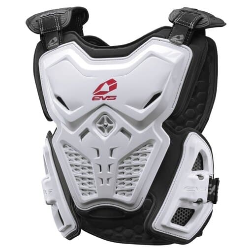 White EVS Sports F2 Roost Deflector for men, featuring a sleek design with a honeycomb texture, adjustable straps, and a prominent EVS logo on the front.