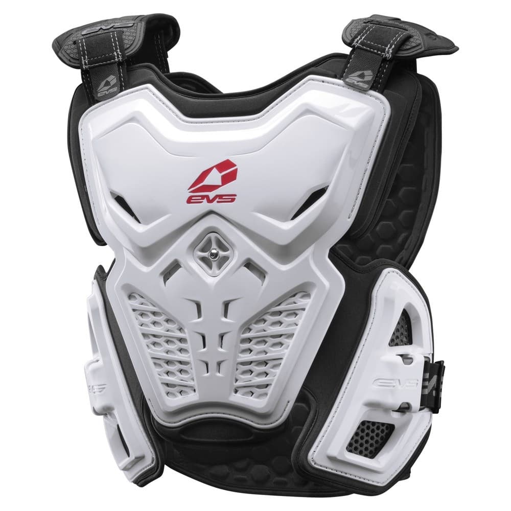 White modular roost deflector with a honeycomb pattern, adjustable straps, and red EVS logo, designed for motocross protection.
