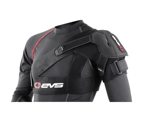 Black EVS SB04 Shoulder Stabiliser in size XL, featuring adjustable straps, padded material for comfort, and a sleek design with the EVS logo prominently displayed.