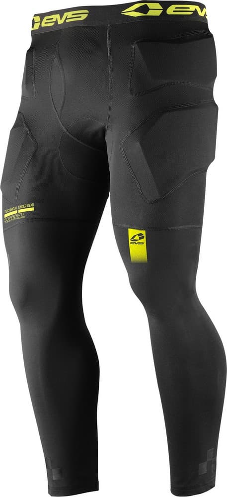 Black padded 3/4 pants featuring a snug fit, made of durable material, with yellow EVS branding and protective padding on thighs and hips, designed for impact protection.