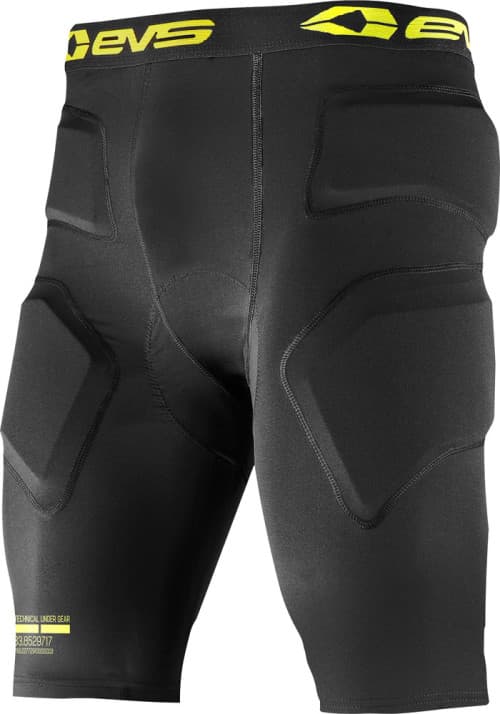 Black padded shorts with yellow EVS logo, featuring reinforced padding on hips and thighs, made from stretchy material, designed for impact protection in medium size.