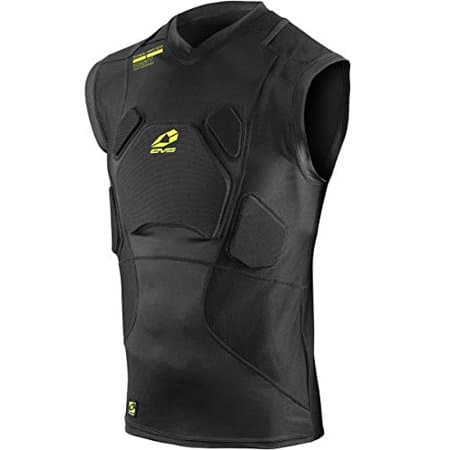 Black EVS TUG Impact Vest in size large, featuring a sleeveless design, padded protection zones, and mesh material for breathability, highlighted by yellow logo accents.