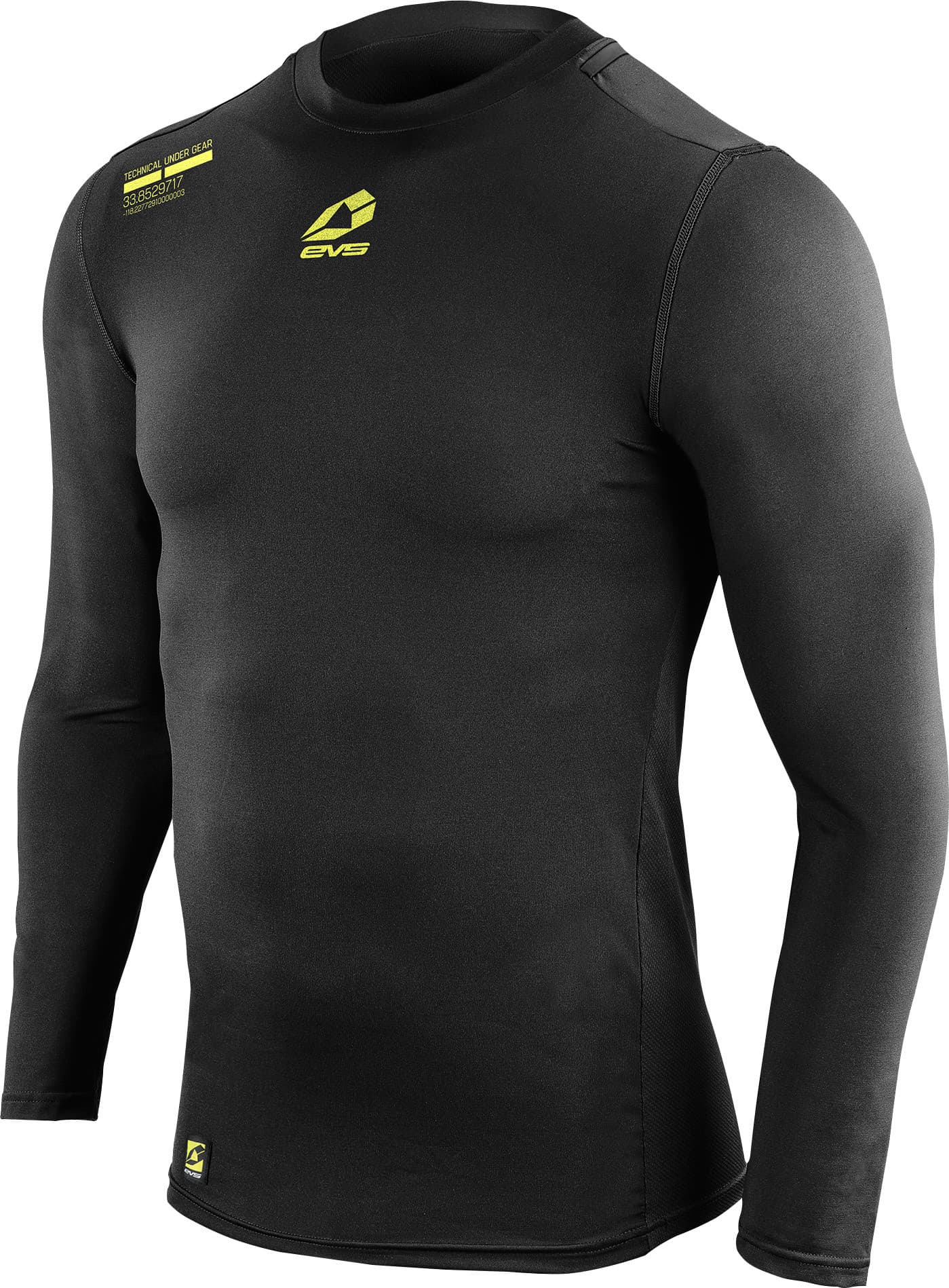 Black long sleeve top by EVS in size large, featuring a fitted design, smooth material, and bright yellow logo accents on the chest and shoulder.
