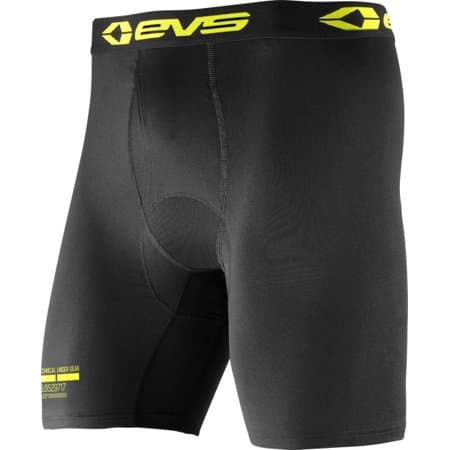 Black Moto Boxers by EVS, made from moisture-wicking material, featuring a snug fit, elastic waistband with bright yellow logo, and reinforced stitching for durability.