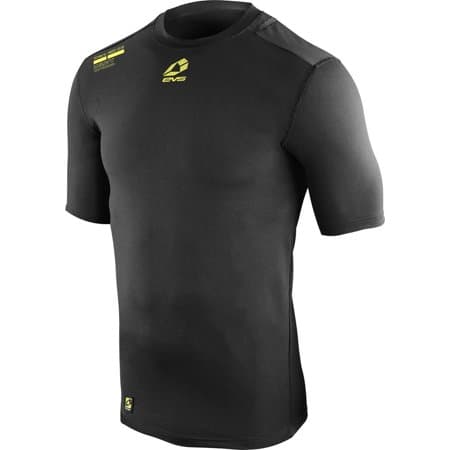 Black short sleeve top made of stretchy material, featuring a fitted design, yellow EVS logo on the chest, and a small logo on the shoulder, available in large size.