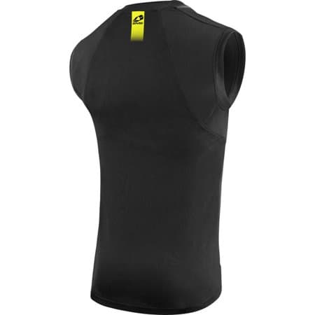Black sleeveless top by EVS, featuring a sleek design, medium size, and a distinctive yellow logo tag on the back, made from a lightweight, breathable material.