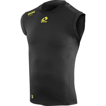 Black sleeveless top by EVS, featuring a fitted design, made from lightweight material, with yellow logo accents on the chest and shoulder. Size: Small.