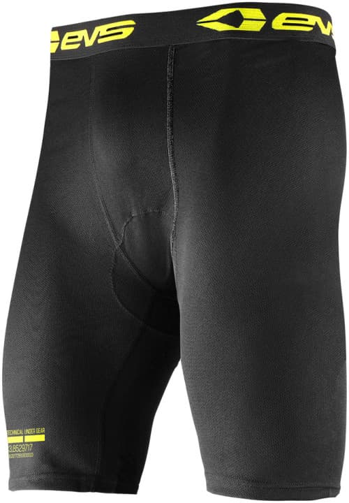 Black base layer shorts for men by EVS, featuring a snug fit, vented material for breathability, and a bright yellow logo waistband.