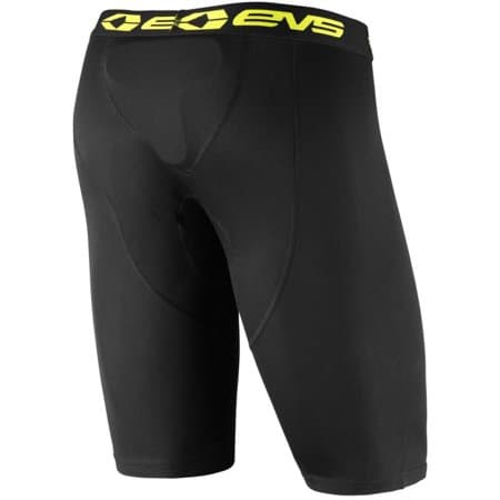 Black compression shorts featuring a snug fit, moisture-wicking fabric, and a bright yellow EVS logo waistband for added visibility and comfort.