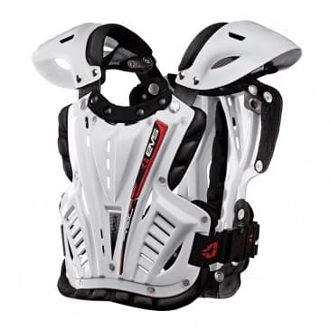 White EVS Vex Roost Deflector in large size, featuring a sleek design with adjustable straps, padded sections for comfort, and a durable plastic exterior for protection.