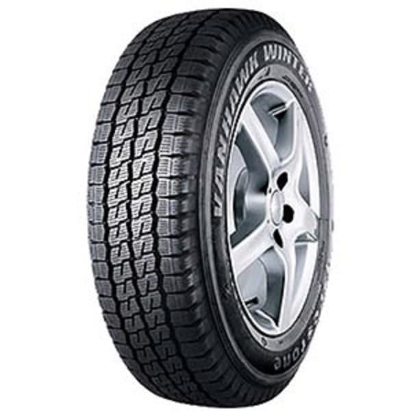 Black winter tire with deep treads, labeled "Firestone Vanhawk 2 Winter" in white text, mounted on a silver alloy wheel, size 195/70 R15C 104/102R 8PR.