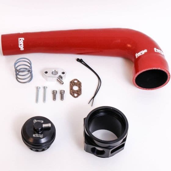 Black anodized blow-off valve with a sleek design, accompanied by a red silicone hose, metal fittings, springs, and screws, all featuring the Forge logo.