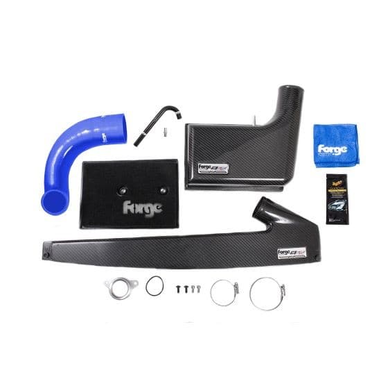 High Flow Carbon Intake Kit by Forge featuring blue silicone hoses, carbon fiber components, and various installation accessories, including clamps and a cleaning cloth.