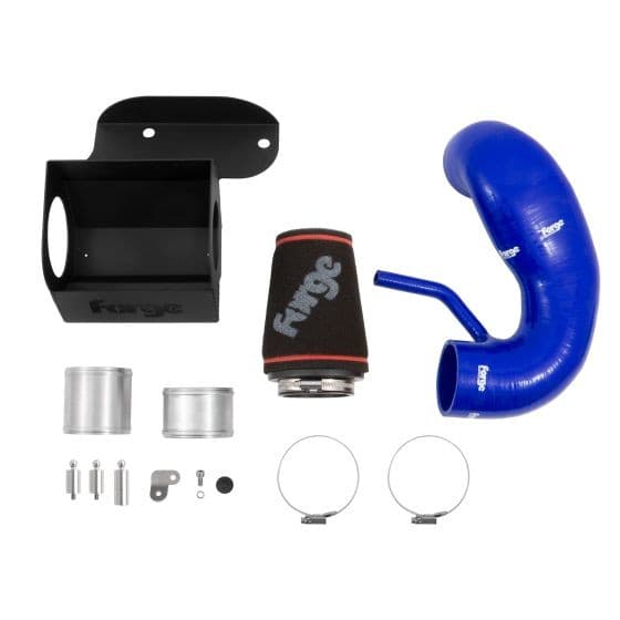 Black shield induction kit with blue silicone hoses, OEM rubber components, metal brackets, and a black air filter, featuring the Forge logo prominently on the filter and hoses.