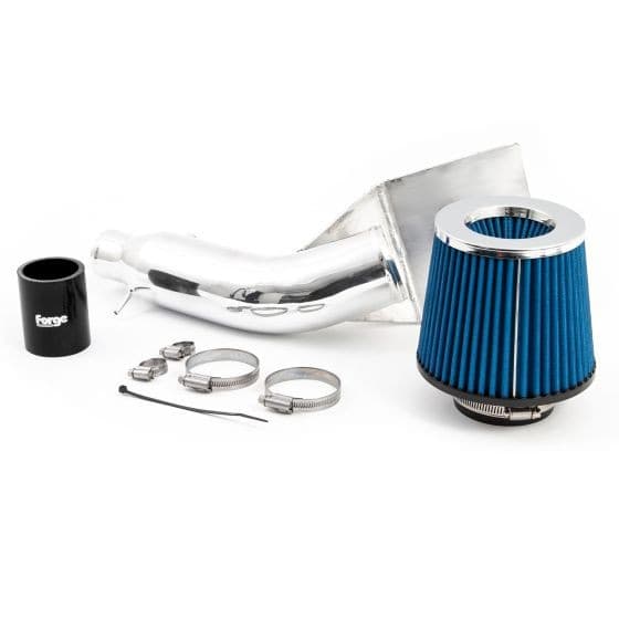 Foam filter in blue with a chrome top, silver induction pipe, black silicone hose, and metal clamps, all designed for automotive performance enhancement.